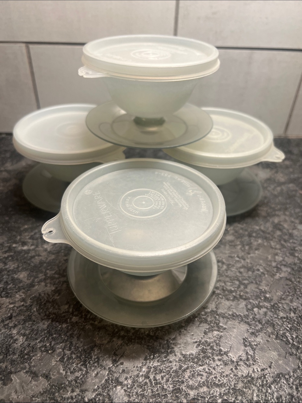 Tupperware set of 4 gray dessert Bowls with Lids parfait, jello, pudding